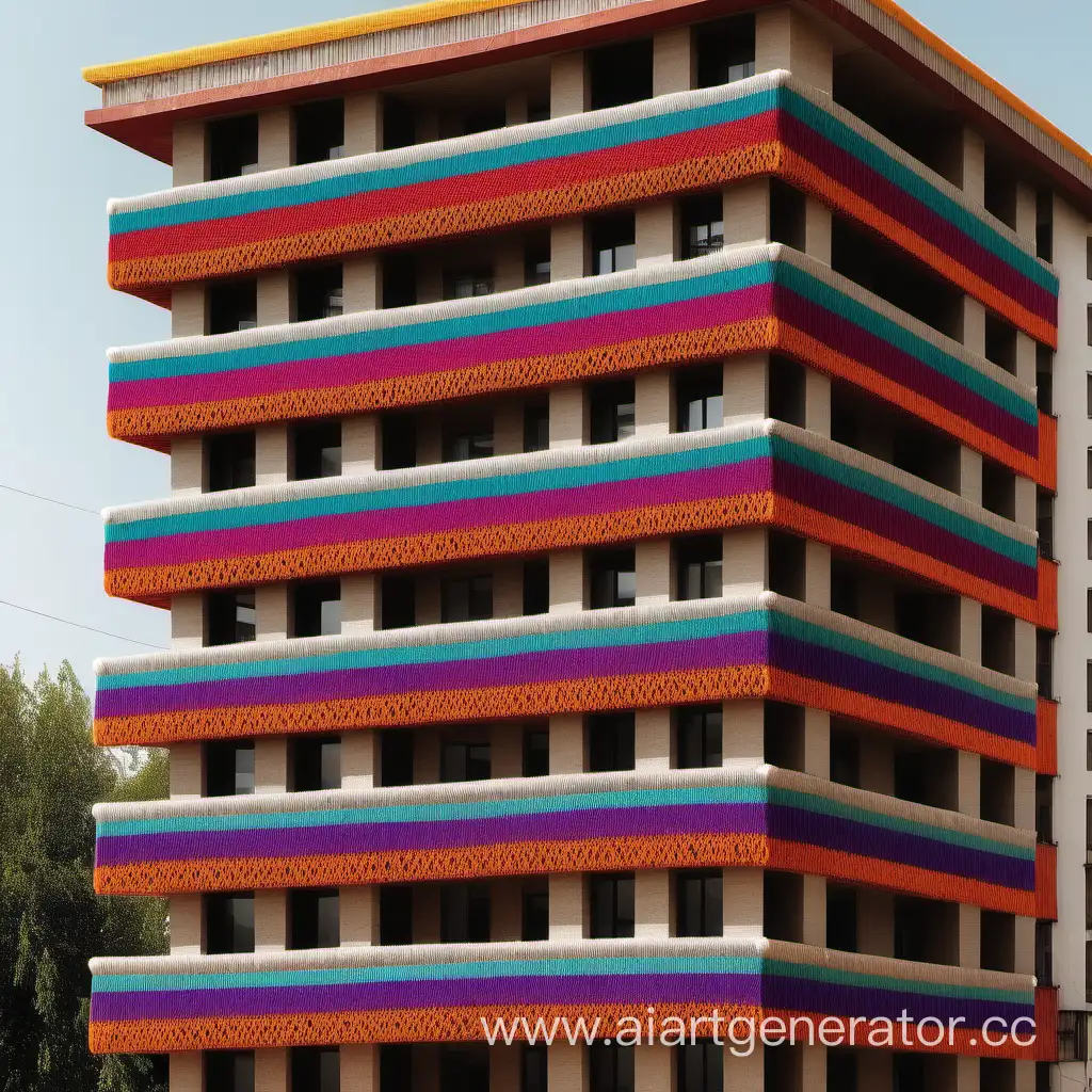 вязаный шерстяными разноцветными нитками жилой многоэтажный дом 