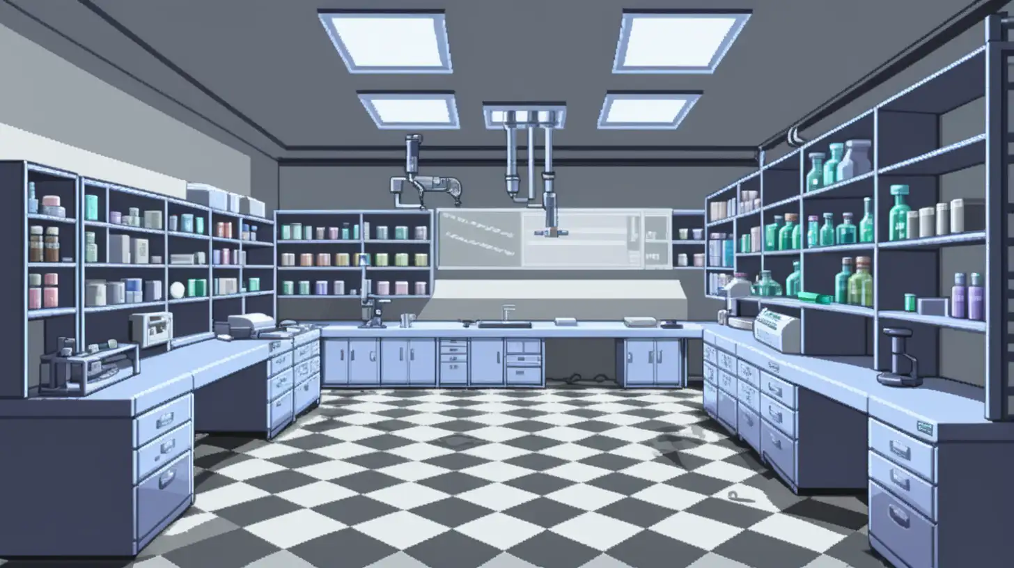 a laboratory room with large empty checkerboard floors and shelves on the wall, drawn as pixel art and viewed from the perspective bottom left corner