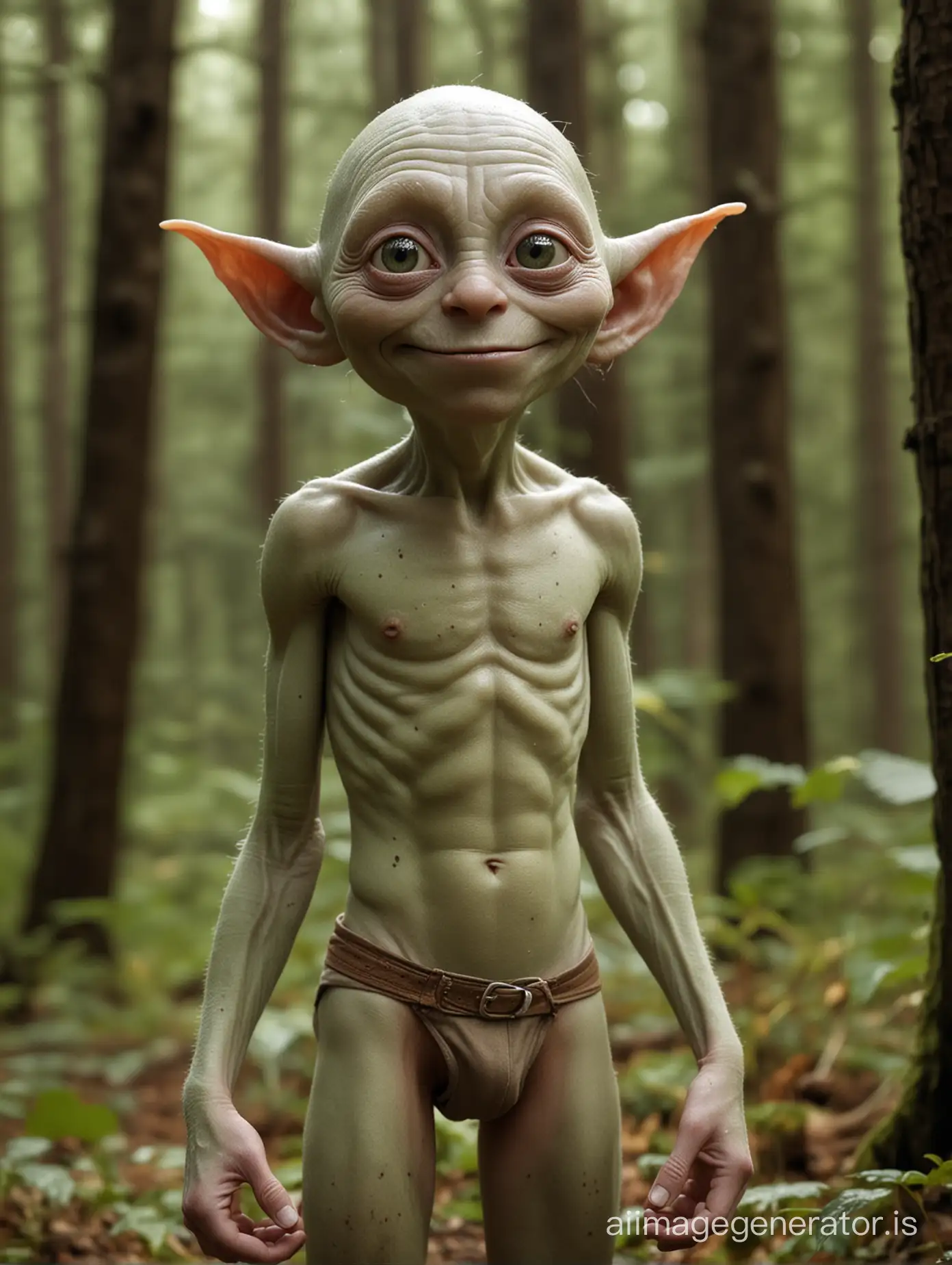 A very young goblin-boy with a boyish face. Shown in long shot. He has very smooth pale green skin. He has a large, round head with large, square eyes. A tiny snub nose and a wide mouth with two tiny fangs sticking out of it. His facial skin is very soft and smooth. He has big floppy ears. He is bald, except for a single tuft of reddish-brown hair in the middle of his head. His figure is very slim and yet he has a round stomach. He has large freckles all over him. His arms and legs are very thin. His upper body is free. Full body in long shot. He stands just in brown underwear in a dark forest.