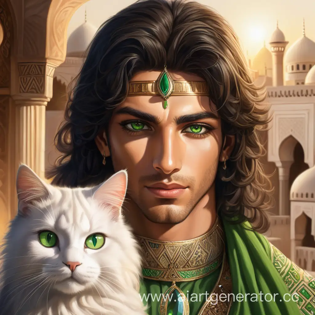 Красивый арабский принц, со смуглой кожей. Брюнет с выразительными зелёными глазами с кошачьим зрачком.