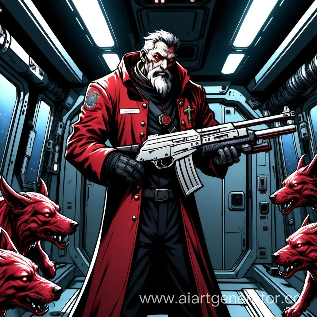 A bunch of red roots on a space station with a shotgun in his hands, surrounded by cerberus, dressed in a priest's costume