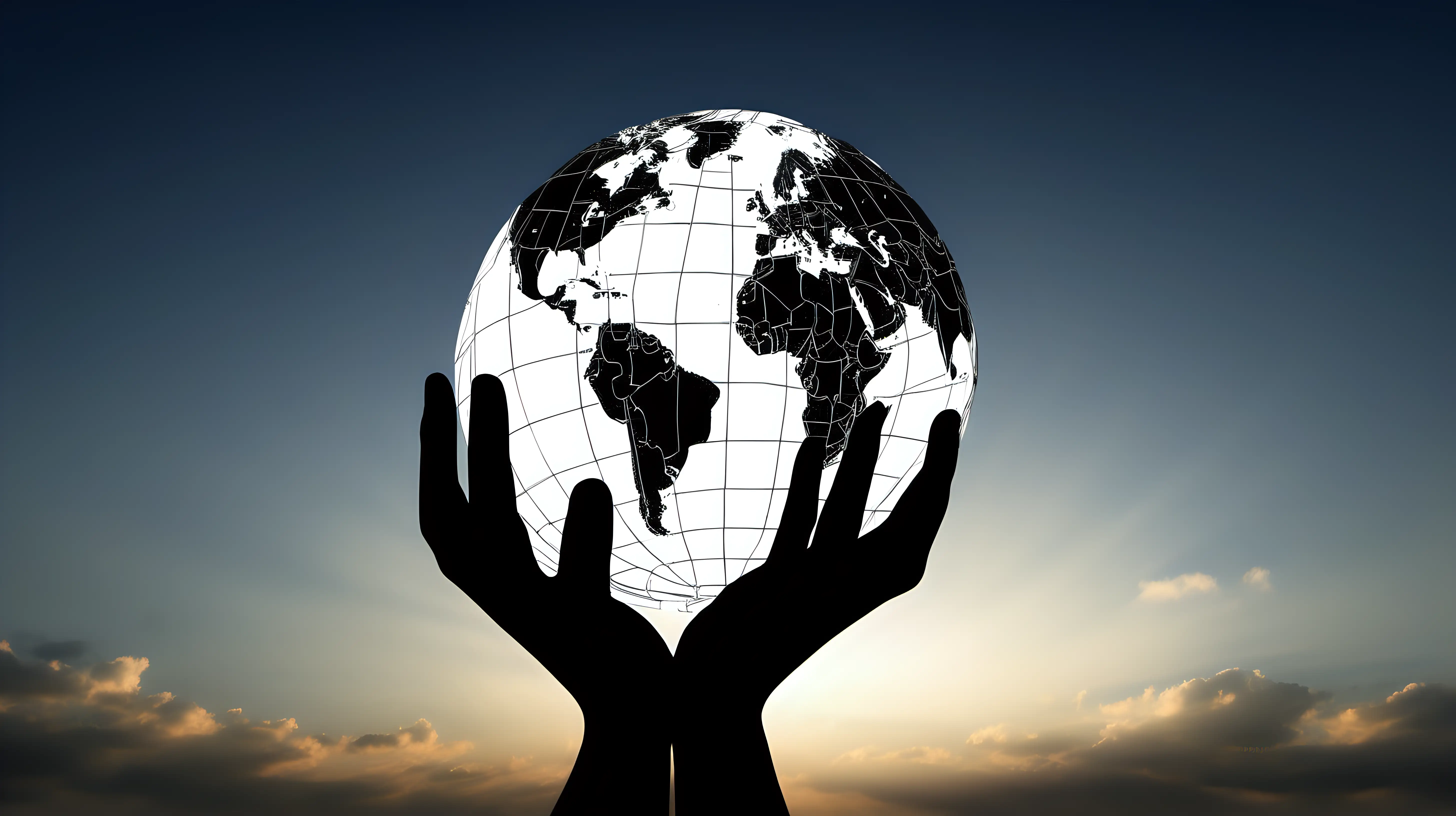 Silhouetted hands releasing a world sphere into the sky, symbolizing global aspirations and dreams.