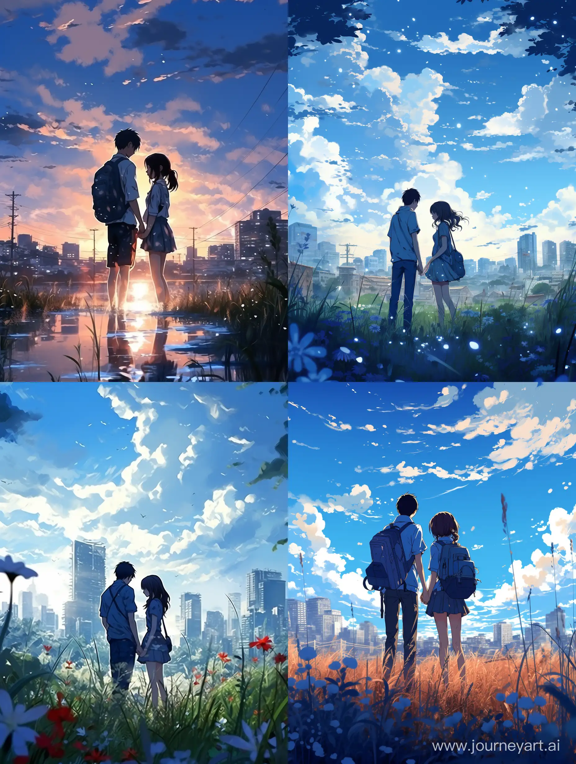 Anime, summer, background city, two teenagers, playing, style of Makoto Shinkai Byousoku 5 Centimeter, blue dead sky, advanced sense of color scheme, national trendy illustration, 8k, rich details,  natural lighting, minimalism --s 400