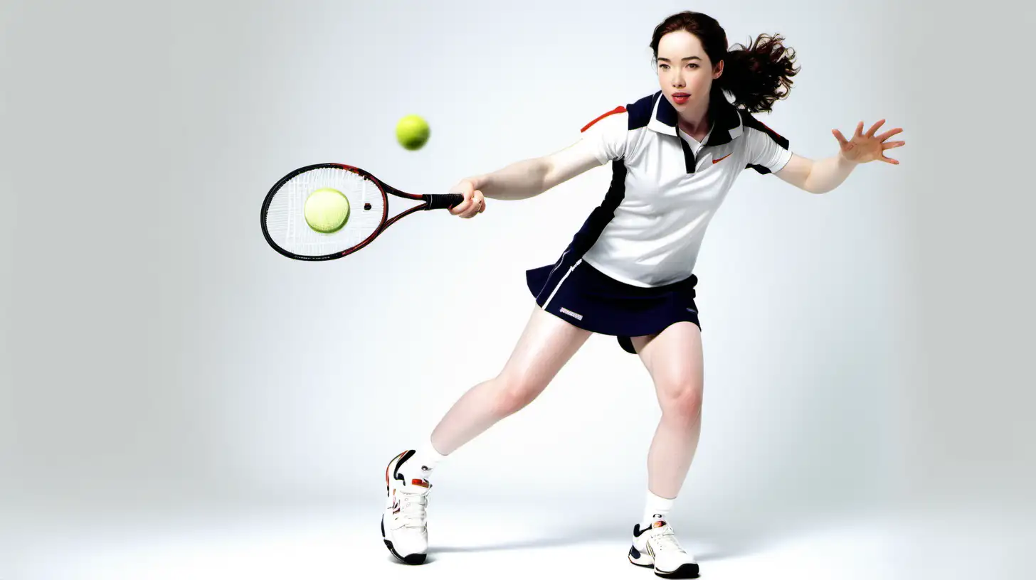 Vue dynamique style rafale, dans fond blanc très brillant, Anna Popplewell, regarde déterminée, sourire , tenue de tennis pour femme, baskets de tennis fait un service 