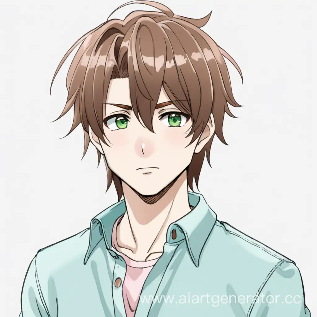 anime-style guy with brown hair, on a white background, light blue shirt, green pants, with a blush face