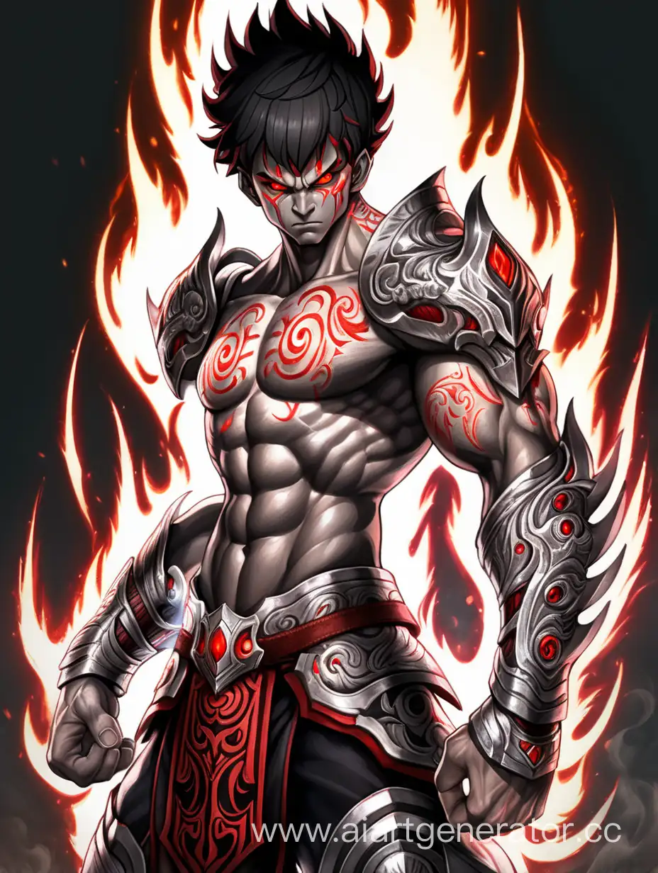 muscular young guy. glowing red eyes. silver armor with red patterns on the legs. two fiery swords. red aura. rage. black short hair. fire tattoo on neck. Asura's wrath style