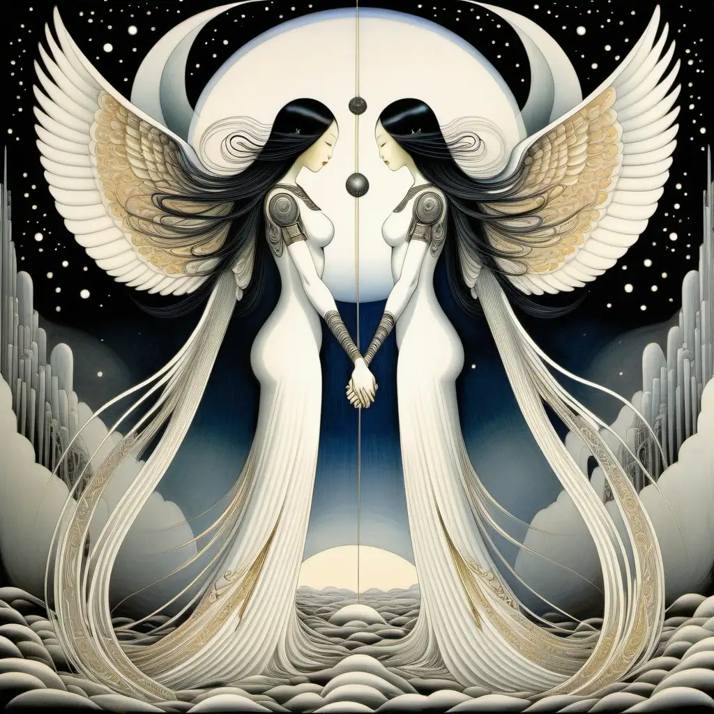 futuristic painting in kay nielsen style of two angels of asian race, male and female with long hair, holding hands