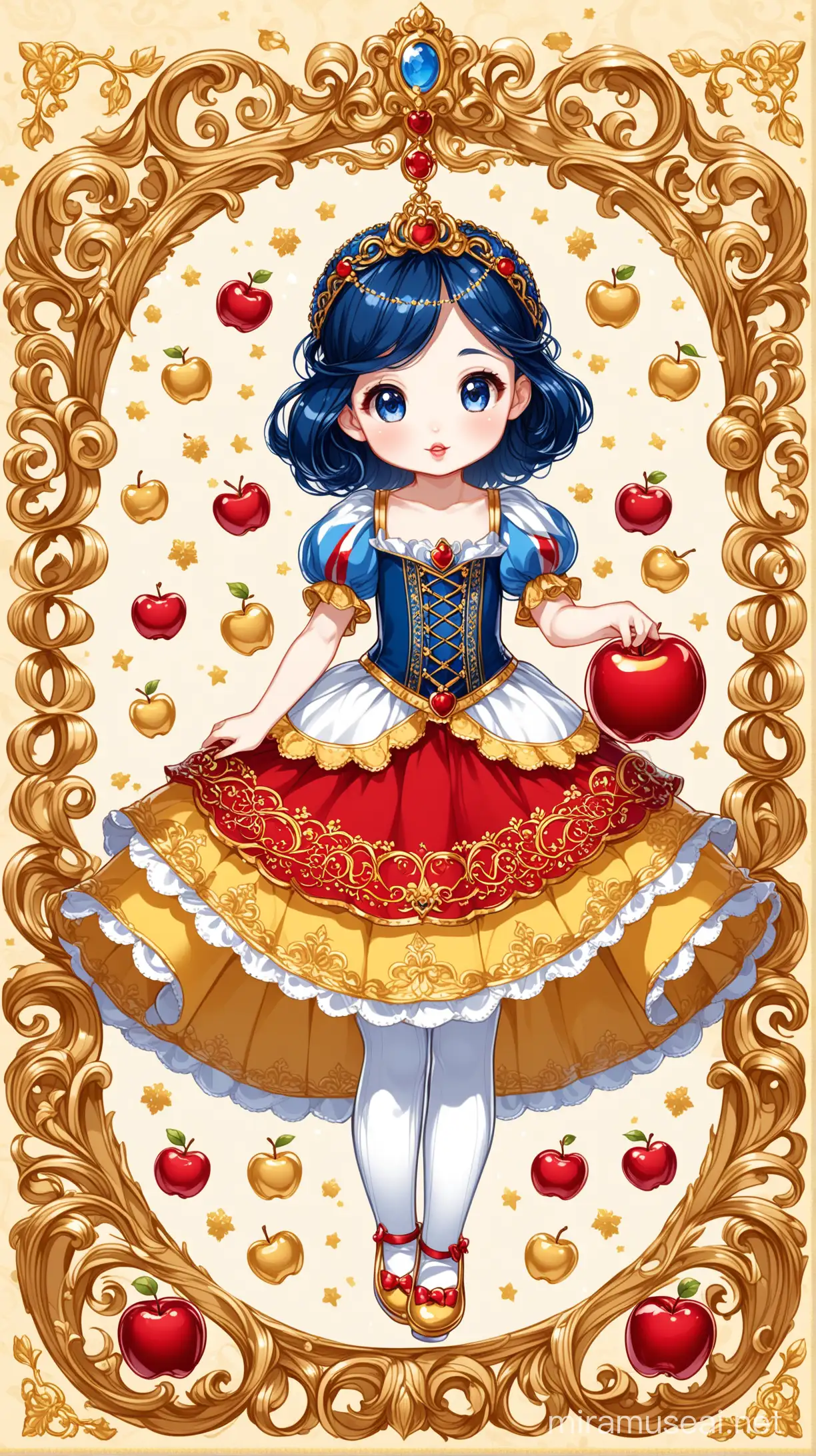 Create an ultra-detailed Baroque-style chibi illustration of a 7-year-old Snow White, inspired by the Disney version. She wears a navy blue corset with puffy sleeves, adorned with blue and red stripes. Her arms are exposed, holding a red apple in one hand while lifting the hem of her yellow skirt with the other. Include intricate Rococo ornamentation throughout the scene.