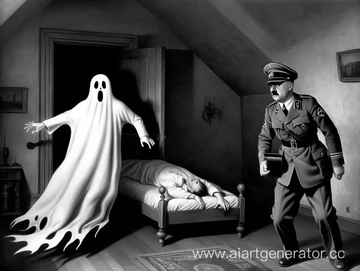 Два охотника на призраков: Художник Адольф Гитлер и его друг Бенито Муссолини вместе убегают от призрака, который на них напал в частном доме в стиле лофт, призрак выглядит как труп девушки
