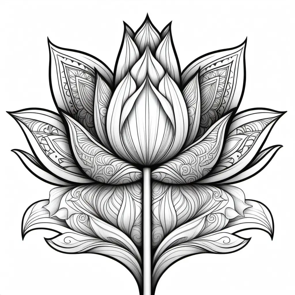 tulip flower with mandalla design, bold black lines for tulip and bold black lines for mendalla design, more white space than black or gray for coloring book, white background, no shading