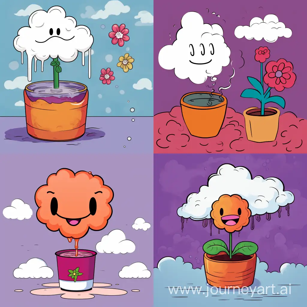 cartoon flower in a pot in the style of artist Haruki Murakami. the flower smiles widely, he is having fun, he is a poisonous acid color. above the flower there is a cloud from which pink rain is dripping. above this cloud there is a bottle of wine, from which the wine pours into the cloud and then flows out of the cloud onto the flower.