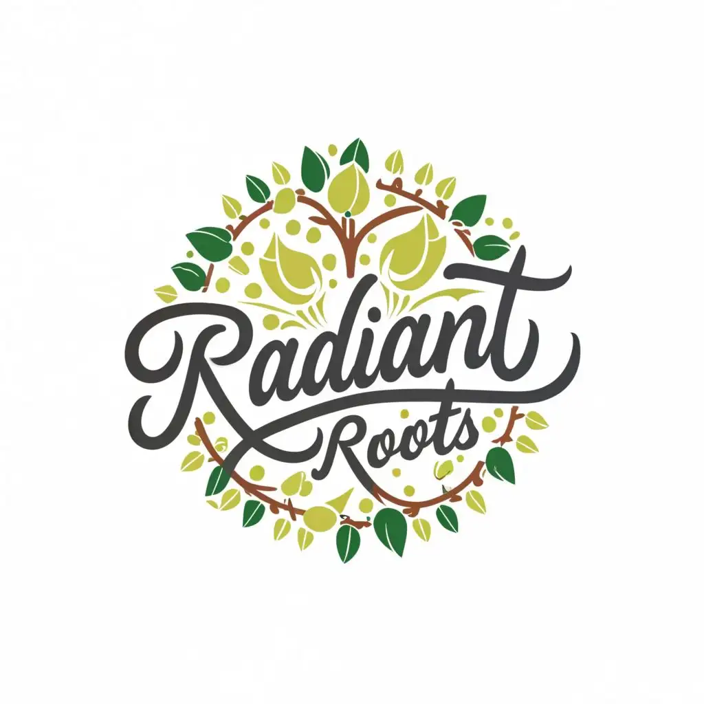 logo, Health and Wellness with fresh juices and emotional therapy, with the text "Radiant Roots", typography
