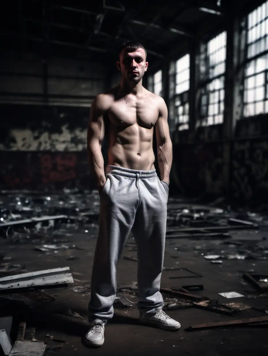 30 years old british fit chav, shirtless, wearing sweatpants, standing inside dark abandoned factory in the evening