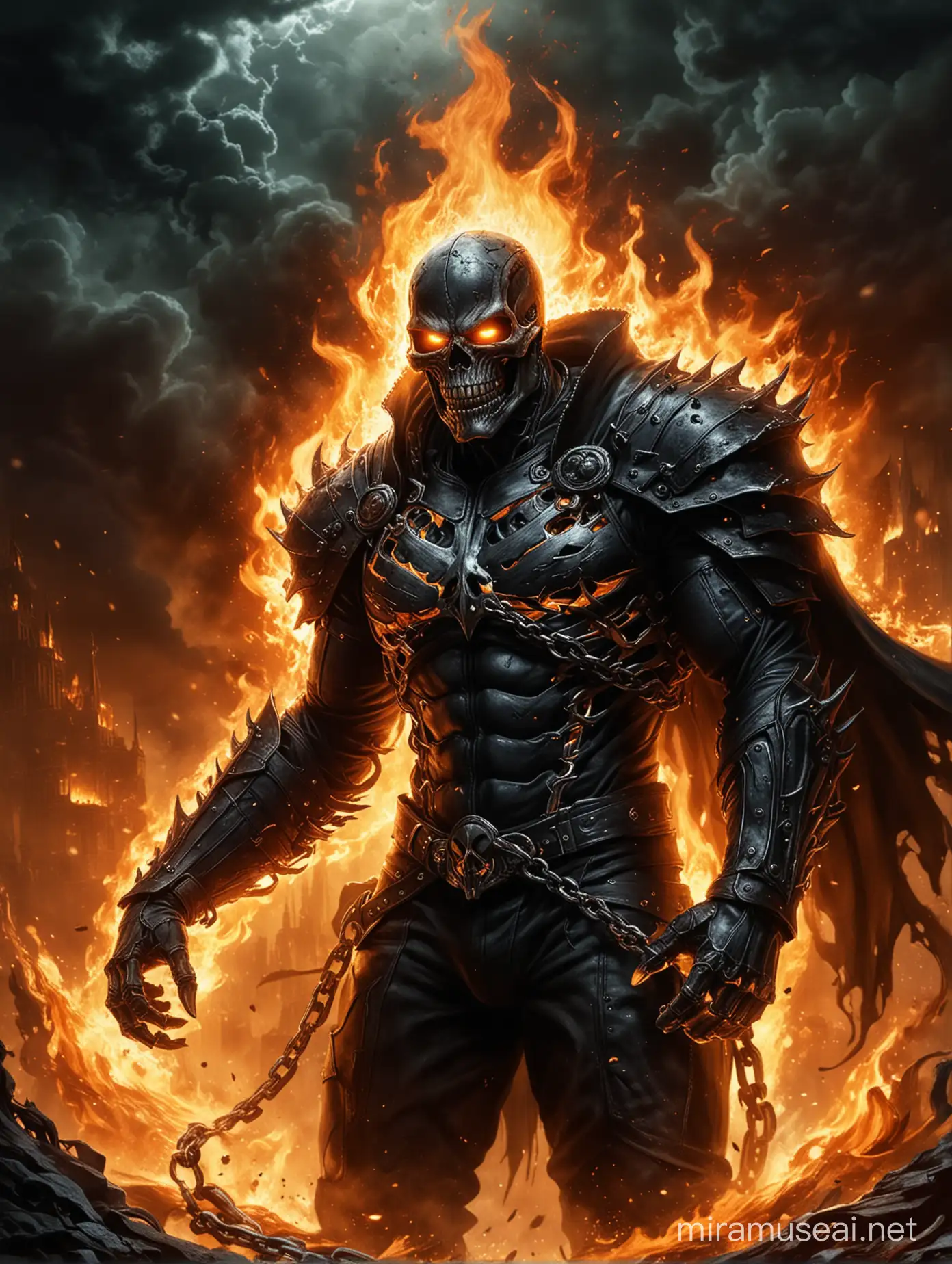 In the fiery depths of Hell, amidst the swirling chaos, Ghost Rider sits upon his throne, his form cloaked in flames. With an iron grip, he wields his chain, unleashing divine justice upon the demons who dare to defy him, their agonized cries echoing through the infernal realm. As the flames dance around him, his eyes burn with righteous fury, a beacon of hope amidst the darkness of the abyss.