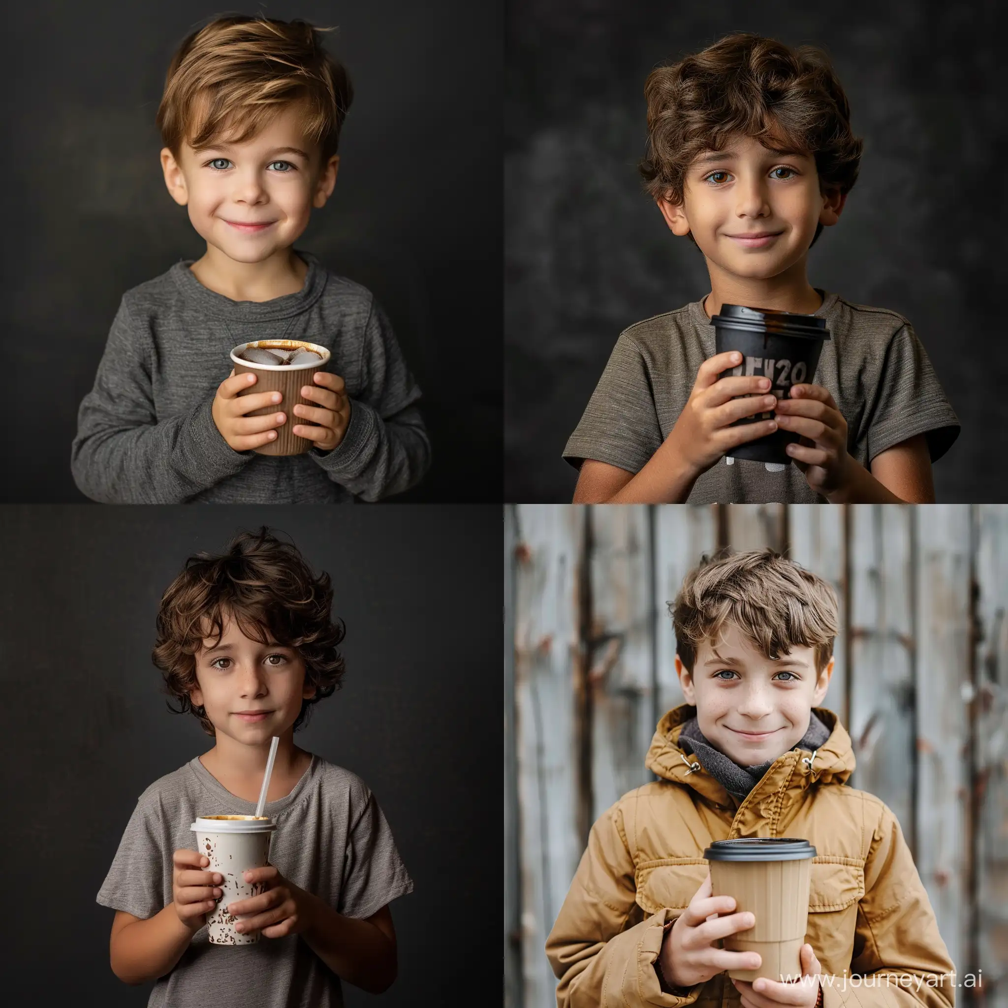 A boy holding a cold coffee cup for a photoshot.