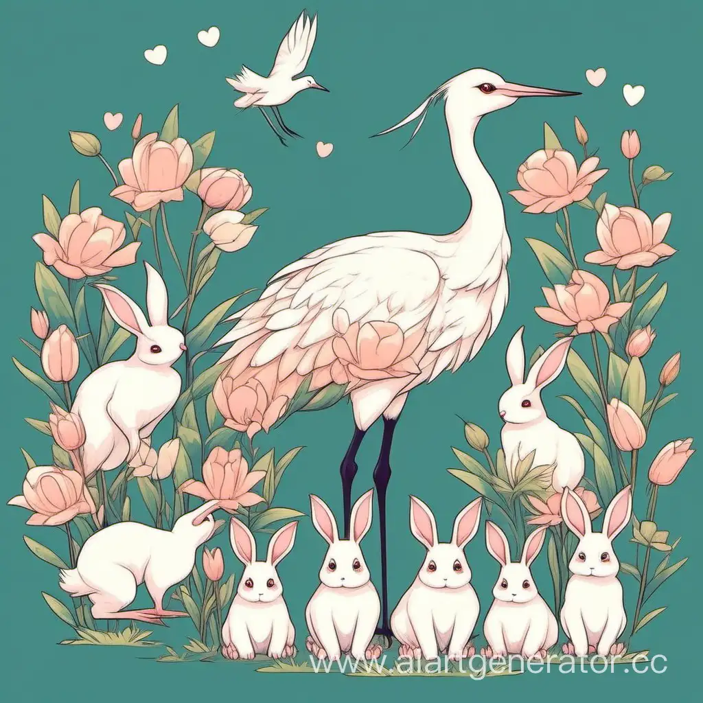 Graceful-Crane-Surrounded-by-Adorable-Bunnies