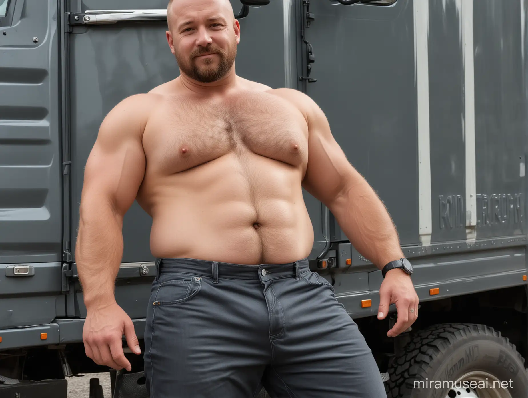 realistic photo of 44+ years old South German, short, stocky daddy male trucker, gained some overweight, big round cuddly daddy belly, muscles brought on by work, very handsome and extremely attractive, friendly face, symmetrical handsome face, charismatic and charming,  balding, always show full body, posing, lives in Finland, perfectly groomed gorgeous thick gorgeous deep black  full stubble, gorgeous dense thick black eyebrows,  perfect realistic eyes, wearing stylish perfectly fit truck company working clothes, make more photo realistic, bright natural lightning, perfect exposure, 8K 16K professional Nikon camera, a sunny summer day, masterpiece, best professional photo, insane details, realistic body part proportions, charming grin, satisfied with his life, strong as a bear, very stylish and neat appearance, happy, satisfied, just married with a Finnish woman, perfect day, attractively attractive, wants to be a perfect dad, looks his age, great insanely huge bulge in his pants, incredibly hairy body, European style Volvo truck, shirtless,