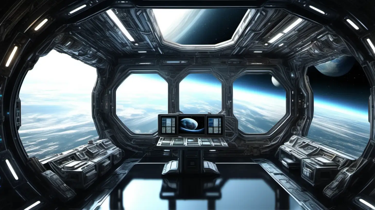 Interior of a luxurious futuristric space station, with a huge window looking out onto black space. Highly detailed, photographic quality.