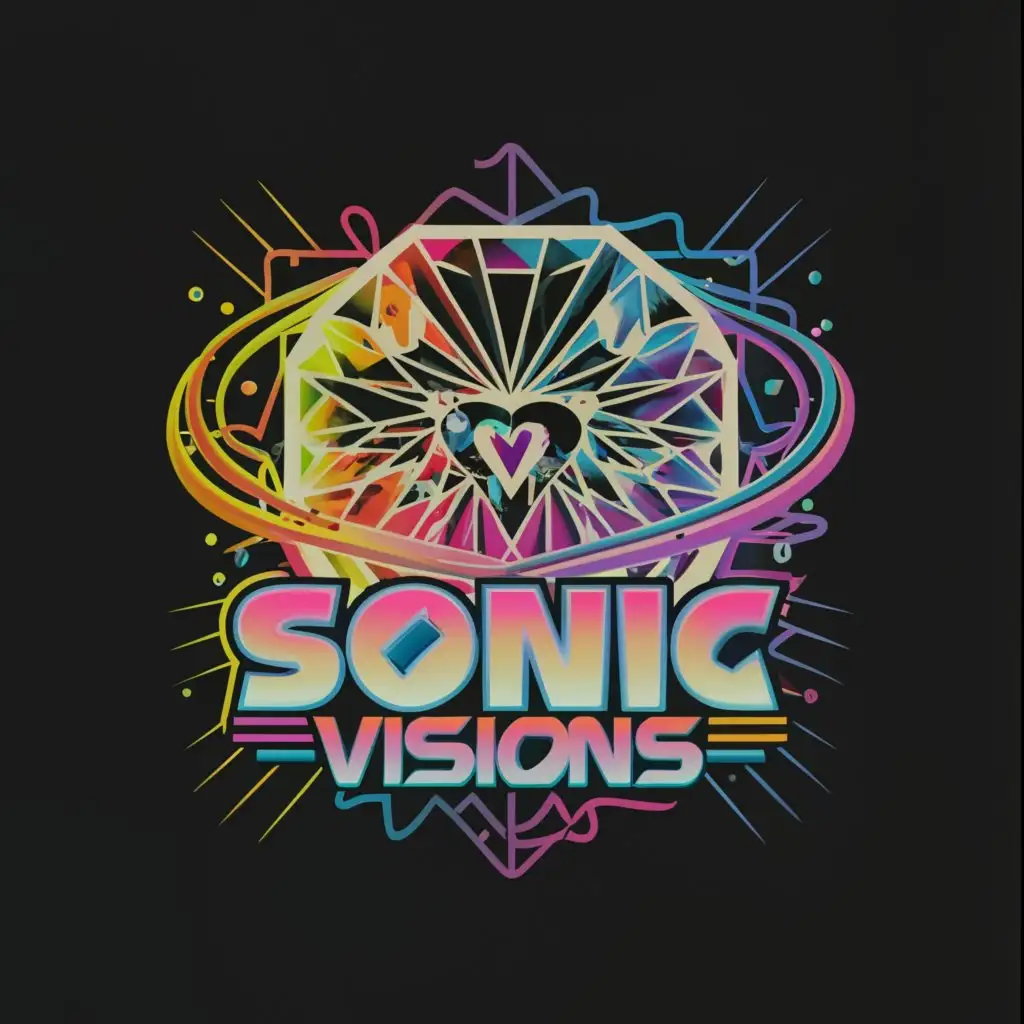 a logo design, with the text 'Sonic Visions', main symbol: black hole galaxy spin fractured diamond heart psychedelic rainbow Sonic the Hedgehog font, complex, to be used in Entertainment industry, clear background