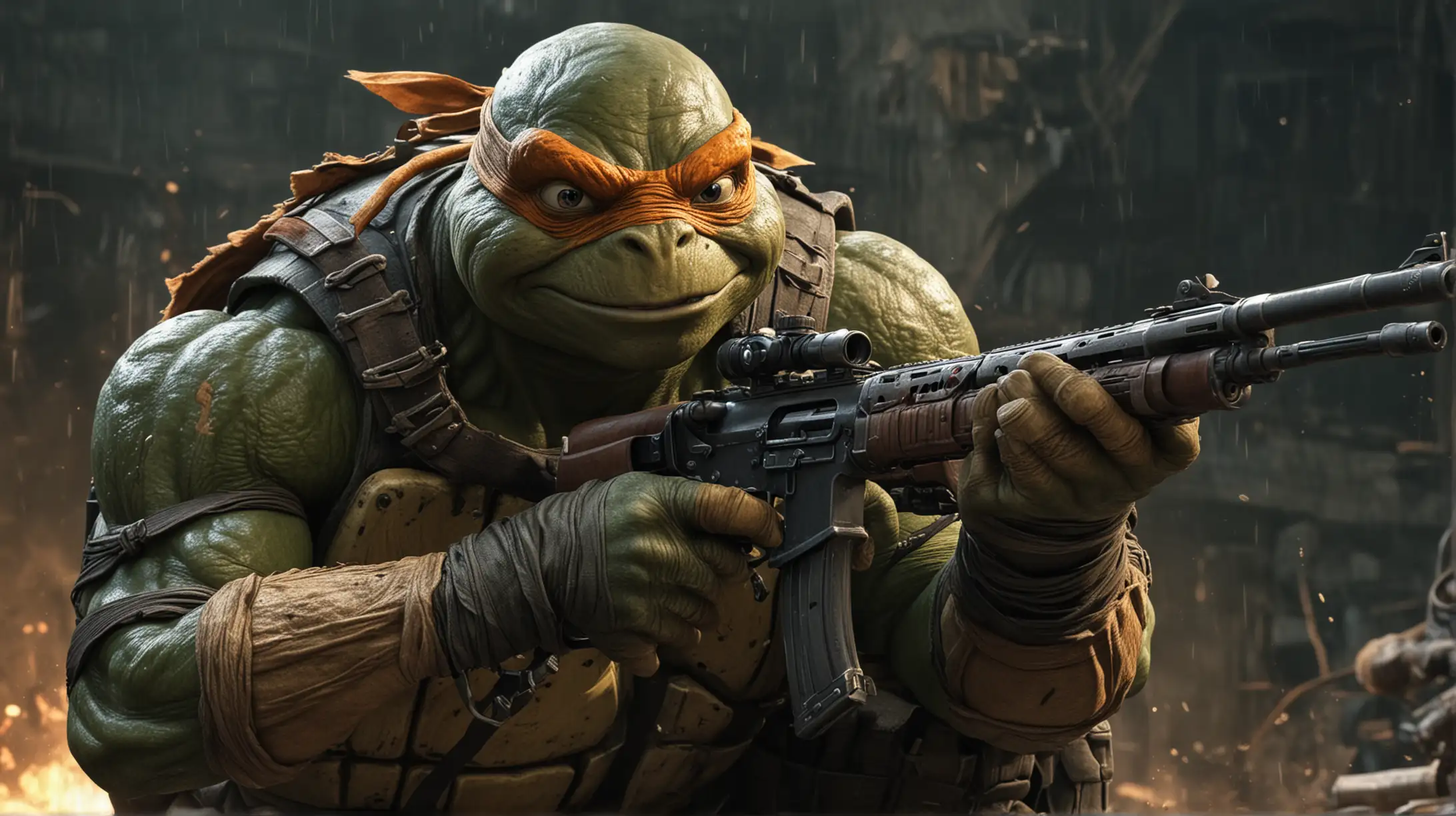 Michaelangelo  the Ninja turtle. Firing a rifle from the shoulder. dark and gritty. war scream