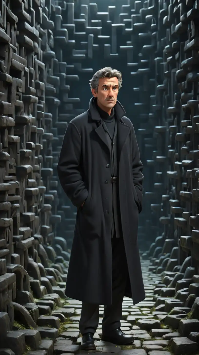 Create a 3D illustrator of an animated scene where the image depicts a middle aged charming man with a troubled expression, facing a dilemma in his life. His furrowed brow and thoughtful gaze reflect deep contemplation and concern. The man wearing long black coat, is standing in the middle of a huge dark maze and struggling to get out of the maze, illustrating the complexity and obstacles he must navigate. This image conveys the universal experience of grappling with difficulties and seeking solutions.