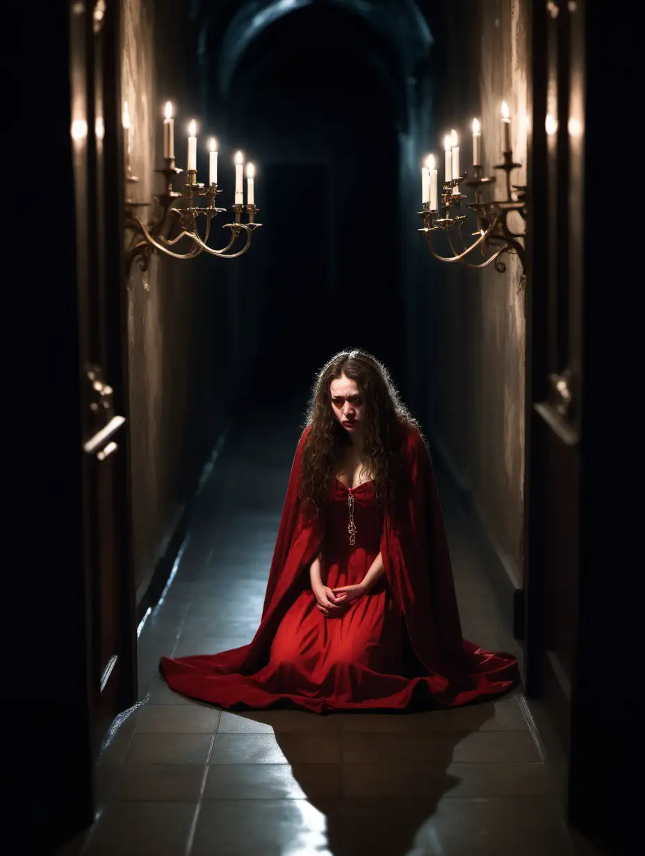 Mournful Woman in Red Dress Amidst Gothic Corridor