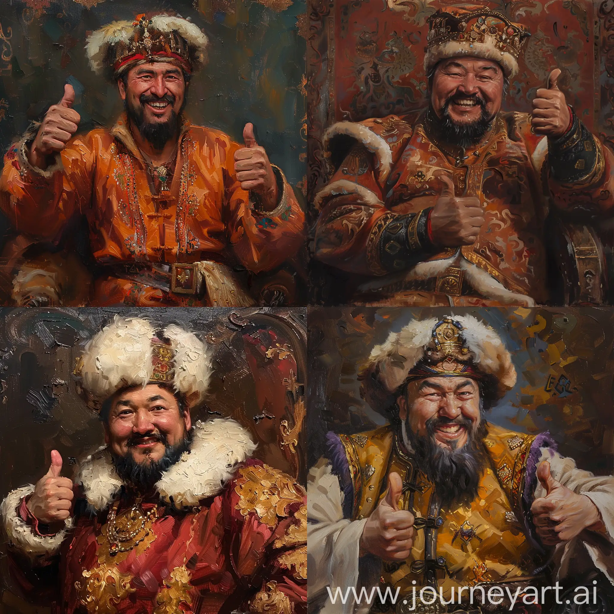 Kazakh khan is happy and thumbs up, oil painting, renaissance style