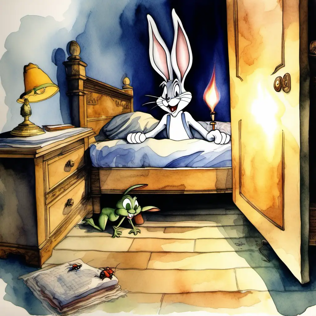 Watercolour of bugs bunny looking under a bed shining a torch under the bed and the monster under the bed is hiding from him
