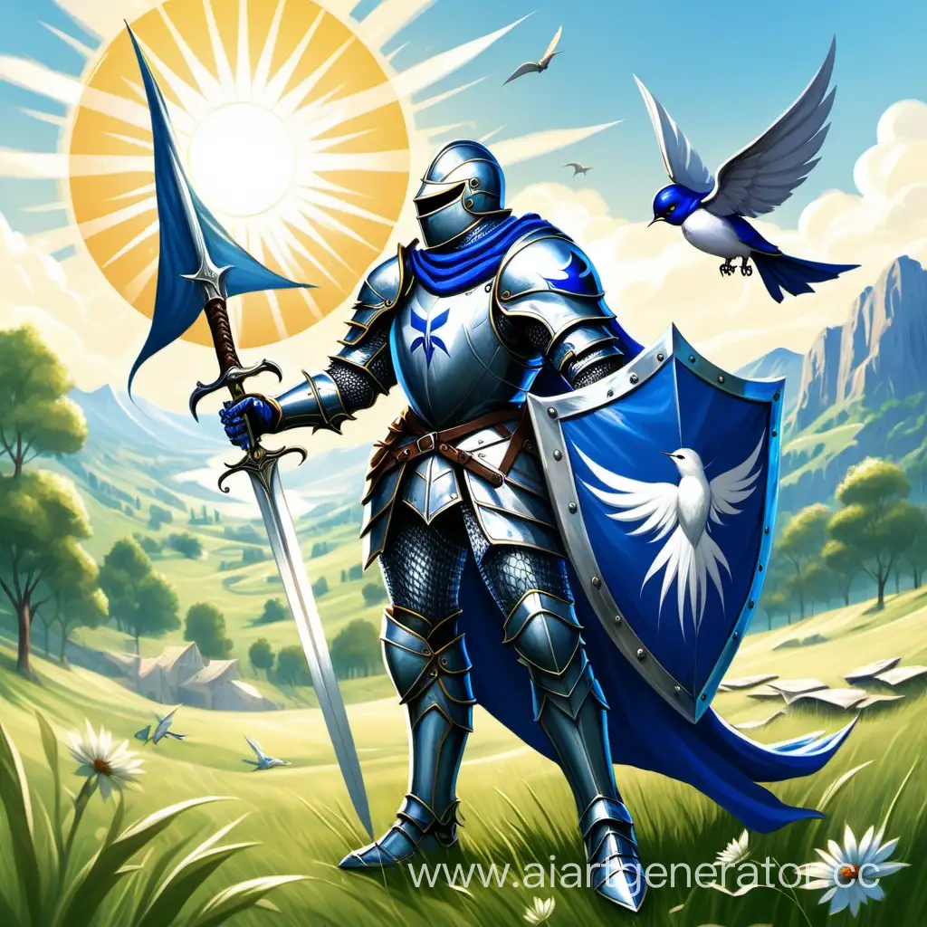 рыцарь в бело-голубых доспехах с щитом и мечём, за спиной у него голубой флаг с белой ласточкой, он стоит на зелёном лугу и светит яркое солнце