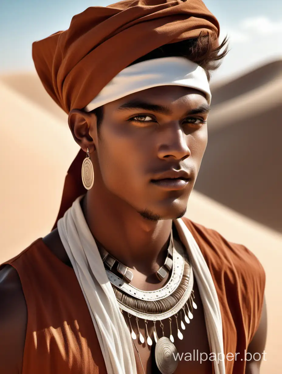 create a close up of a young male model with white and rust hue colour, glowing skin, and bold earrings, wearing tribal high fashion, sanding in sand dunes background, realistic photo, excellent visual focus on the face, eyes and clothing through the processing of light and textures of the fabric, make sure the clothing, make up and headwear compliment each other, and the final image should be high fashion and impressive. v6
