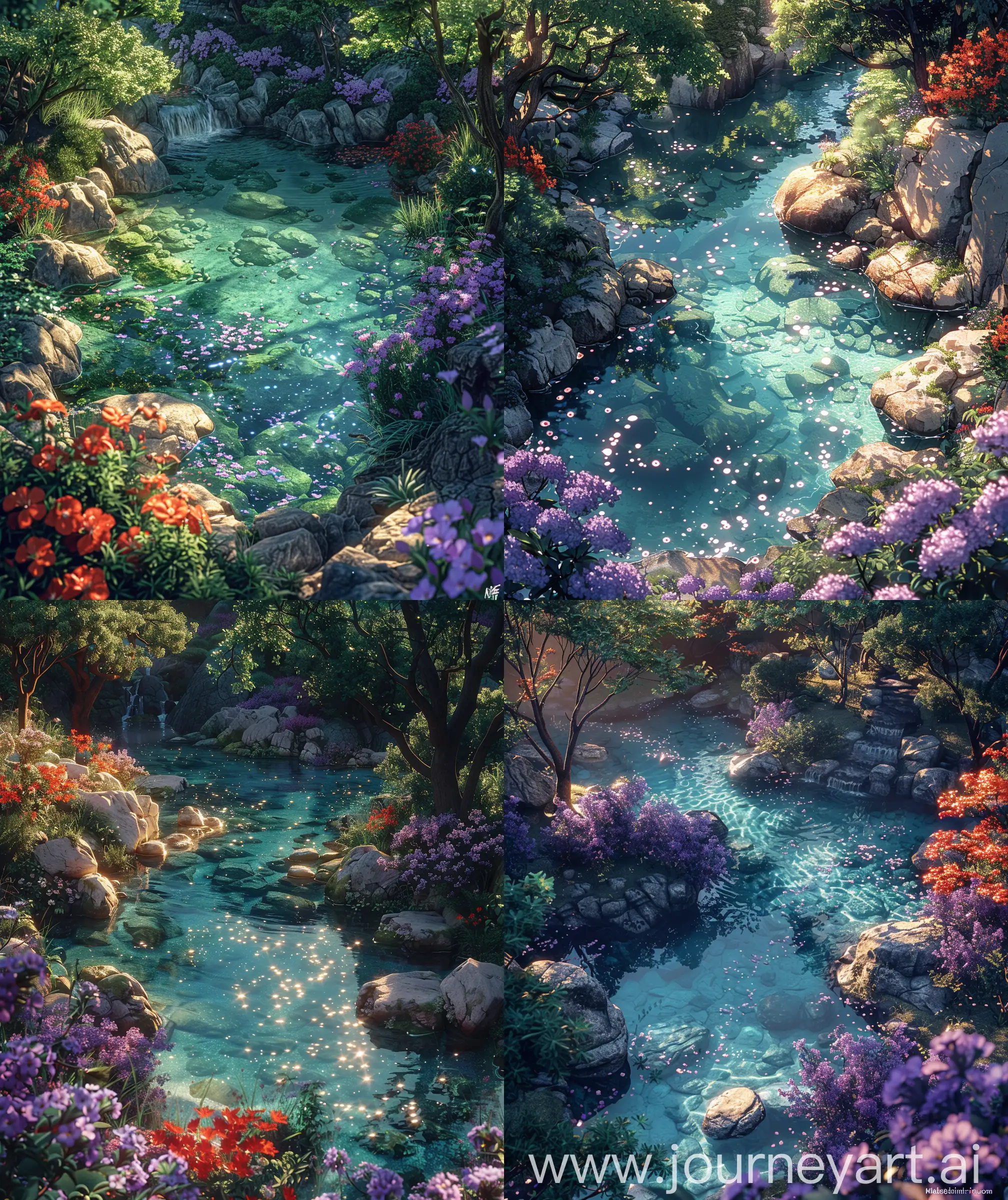 Serene-Anime-Scenery-Aerial-View-of-Crystal-Clear-Water-Ponds-and-Purple-Red-Flowers