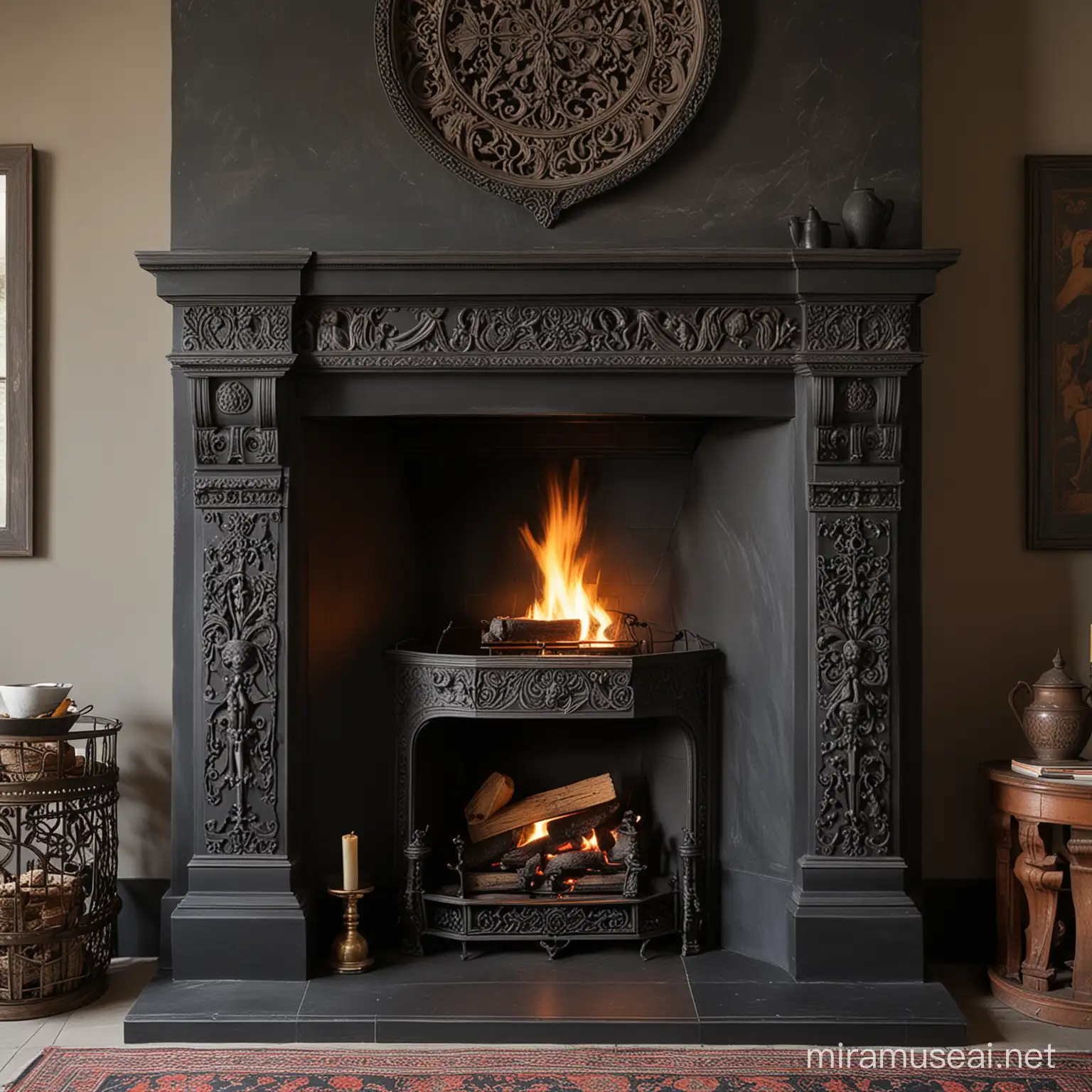 Dark Medieval Fireplace with Intricate Motifs