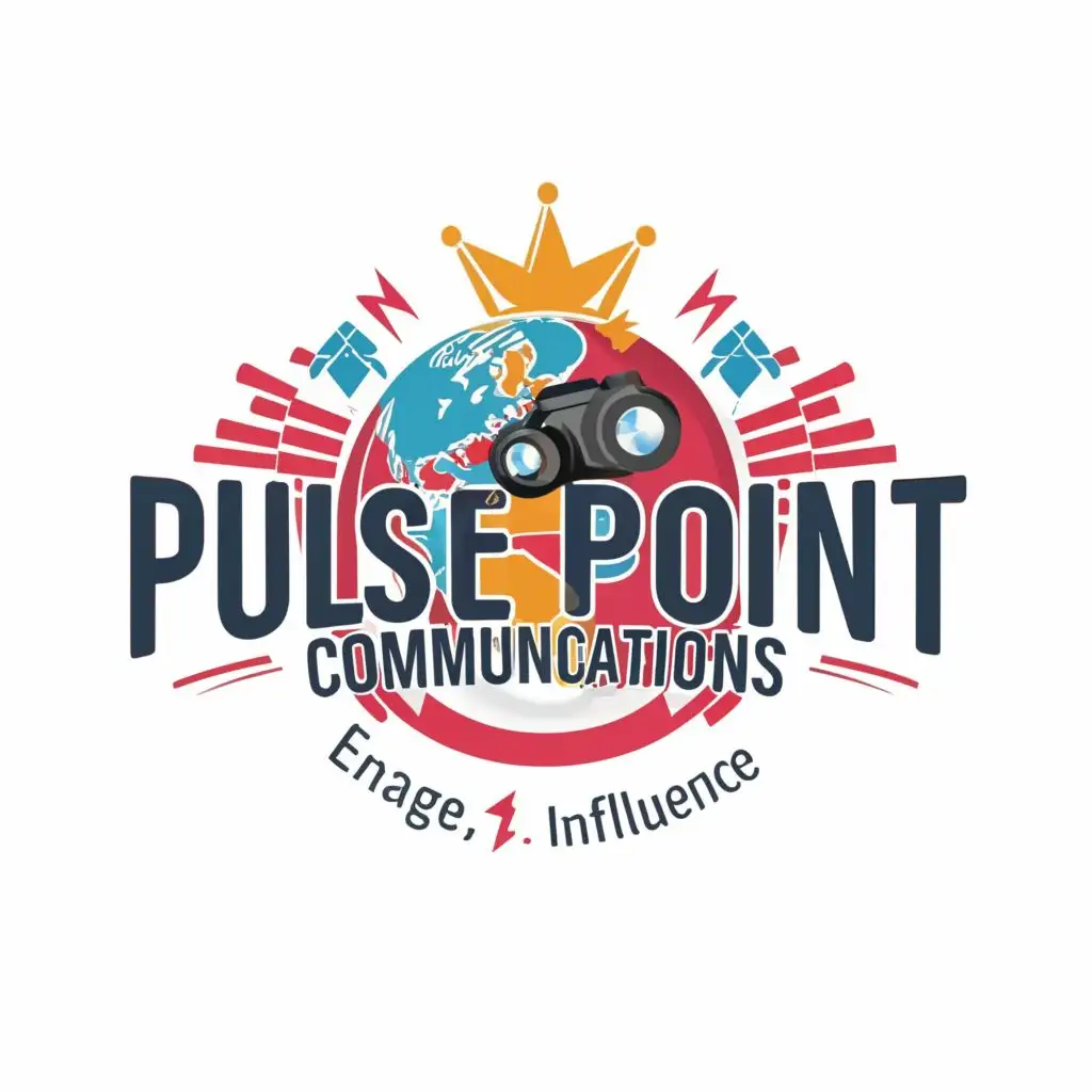 logo, camera, scoial media, world, with the text "Pulse Point Communications
Engage. Connect. Influence
", typography, be used in Entertainment industry