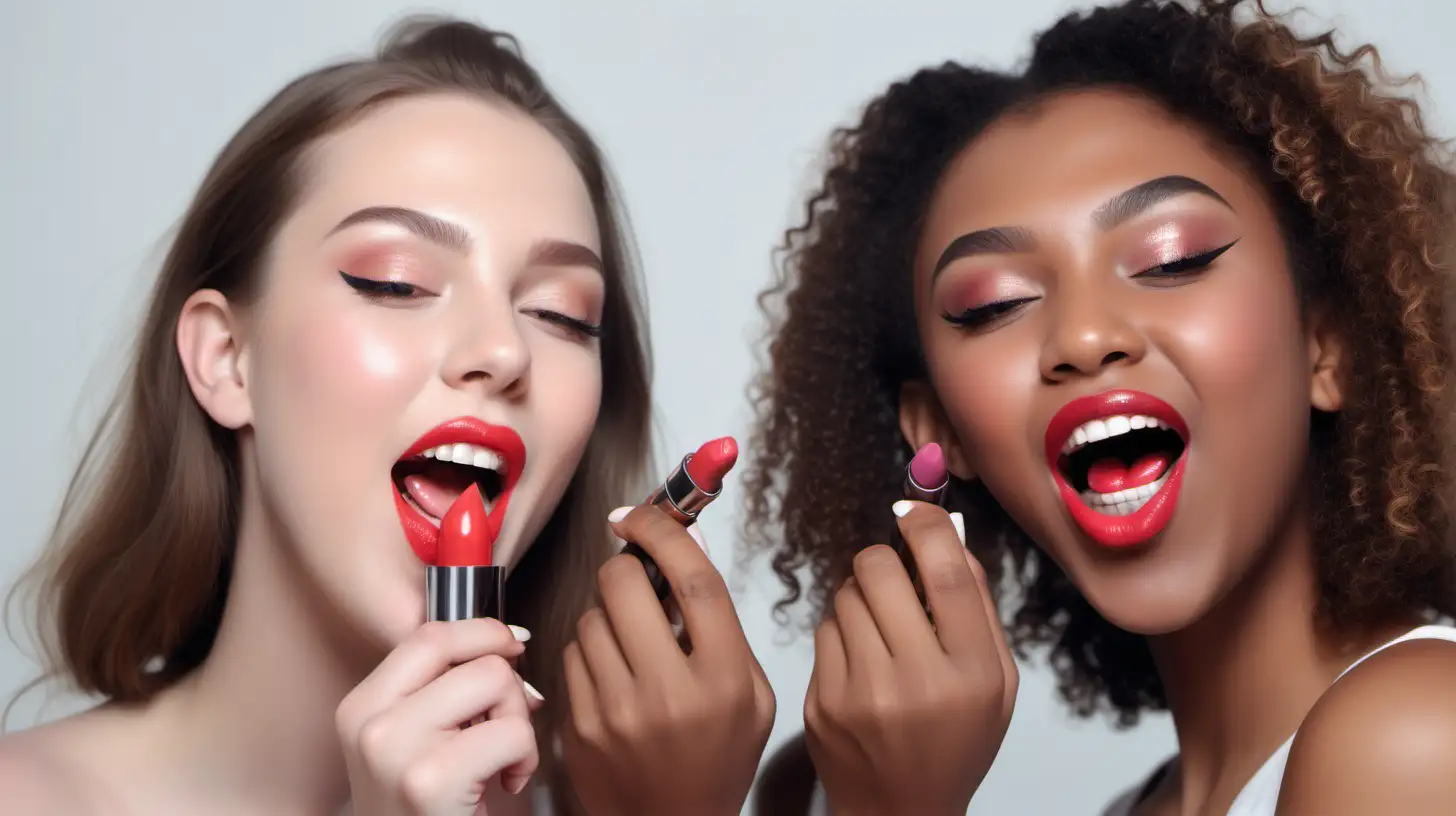 a realistic image, medium close up shot of only 2 girls, both holding lipstick in their hands, they putting those lipstick on each other's lips. background must be solid white. laughing having fun.