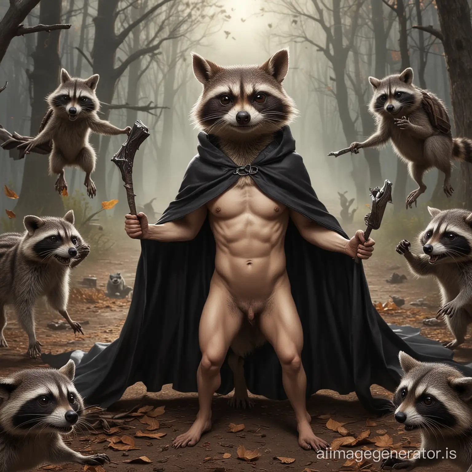 draw how a naked sparrow unfolds a black cloak in front of evil Raccoons