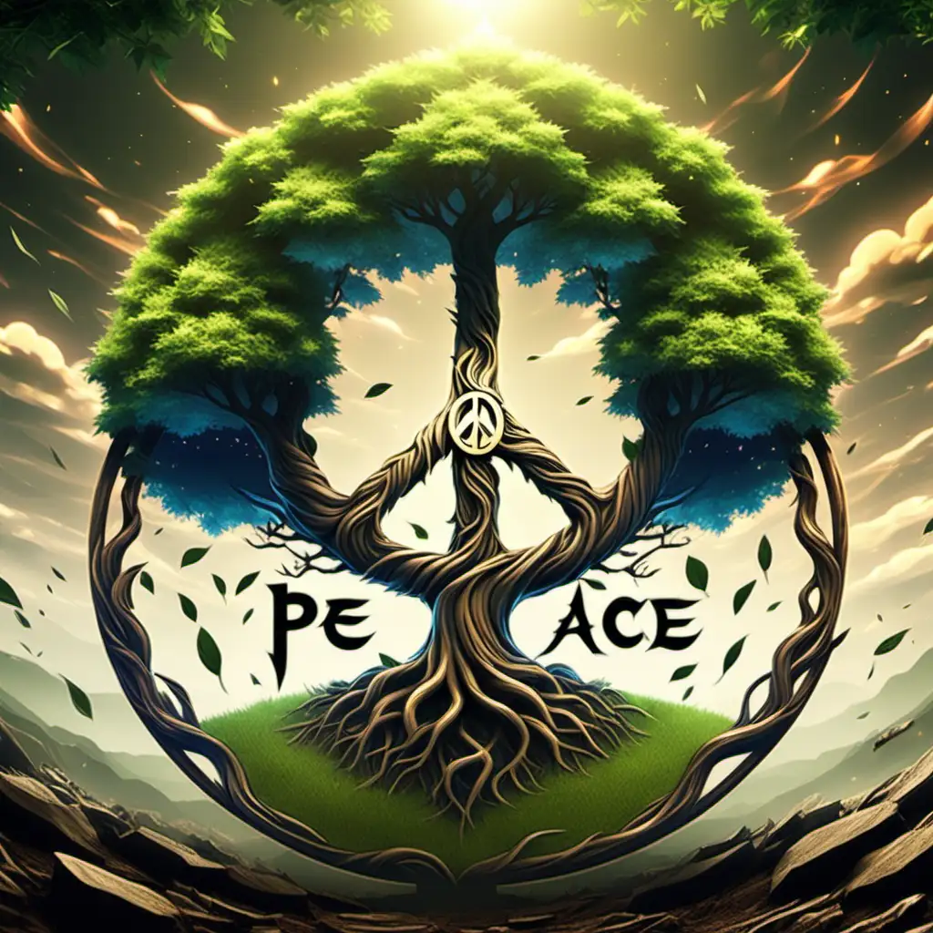 Create anime fantasy style peace symbol tree growing from the ground logo