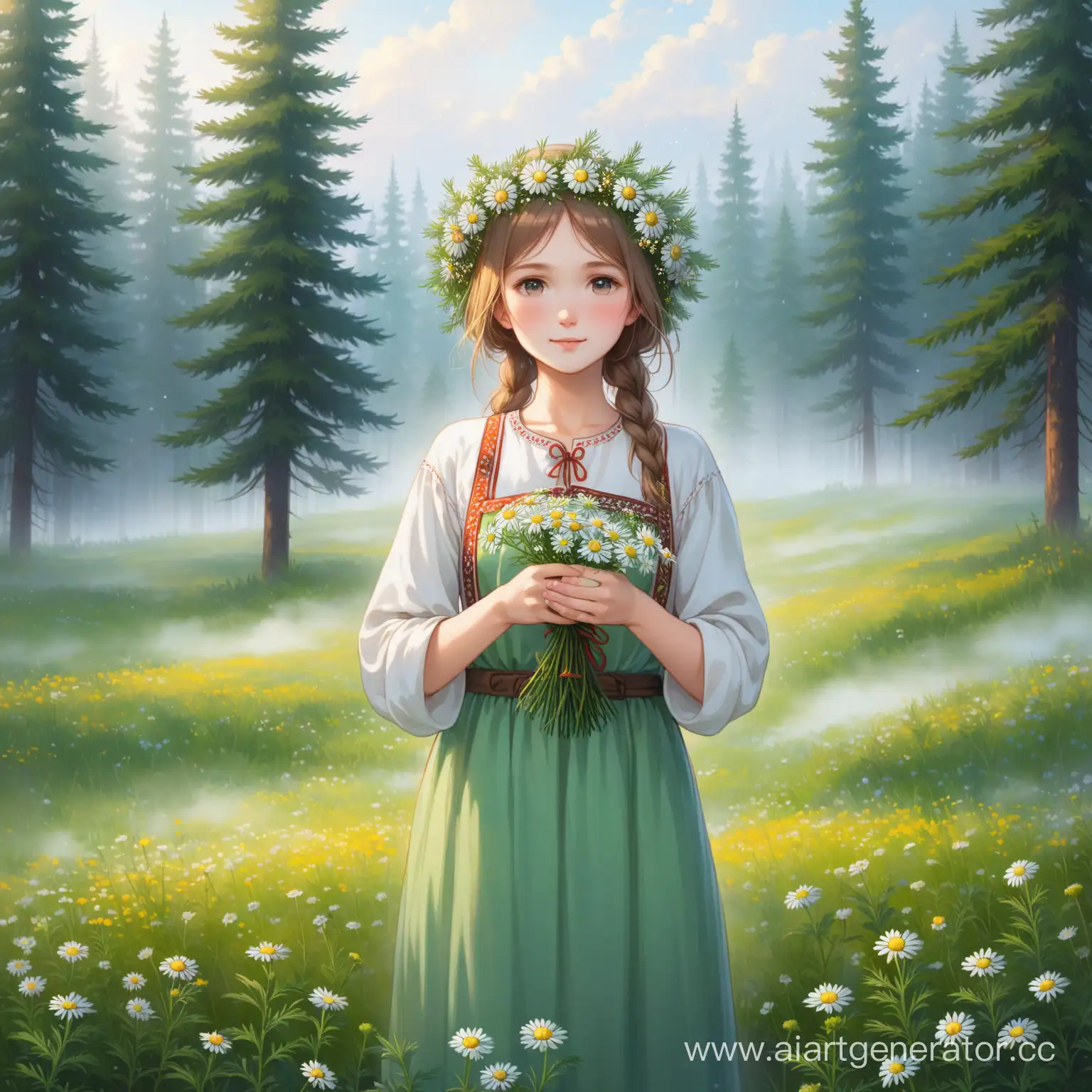 Русская девушка крестьянка в национальной одежде с цветочным венком на голове стоит на цветочной поляне окружённой еловым лесом и держит в руках ромашку. Атмосфера туманного леса