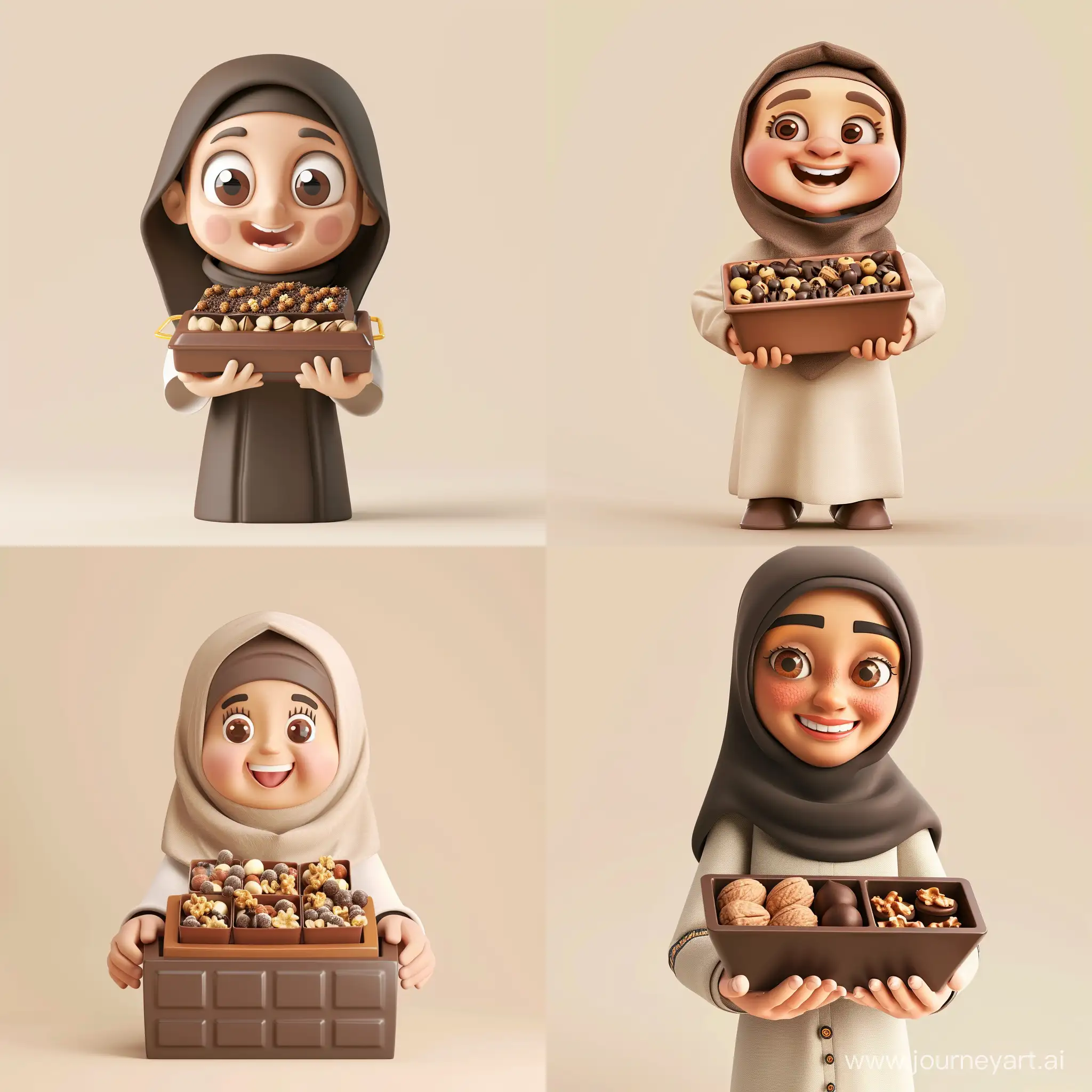 A cute Yemeni mother is holding a pot of chocolate candy with nuts and she is very happy. The background is light beige, the candy is rectangular, 3D style.