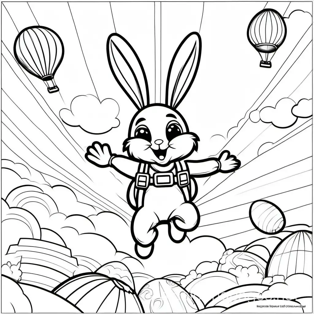 easter bunny skydiving, Coloring Page, black and white, line art, white background, Simplicity, Ample White Space. The background of the coloring page is plain white to make it easy for young children to color within the lines. The outlines of all the subjects are easy to distinguish, making it simple for kids to color without too much difficulty