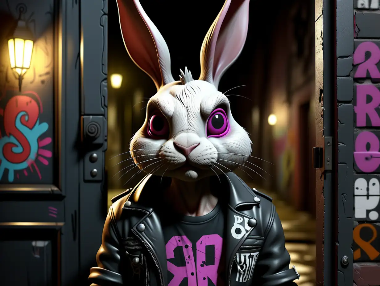 A brutal rabbit in punk rock clothes. In the dark on the street, he invites you to enter the iron door 
 , there is darkness around, stripped walls with graffiti, . Cinematic lighting of Fary tale, 16k, high detail -v 5.2 complex details. —stylized rendering 750 —v 5.1 A, clear neo-pop illustrations, pop art graphics, Southern Gothic -AR 4:5 -Niji 5:Neo—pop illustrations, pop art graphics, Southern Gothic -AR 4:5 —Niji 5:16k, high detail —version 5.2 complex details. —stylized rendering 750 —v 5.1 A, clear neo-pop illustrations, pop art graphics, southern Gothic —AR 4:5 —niji 5::