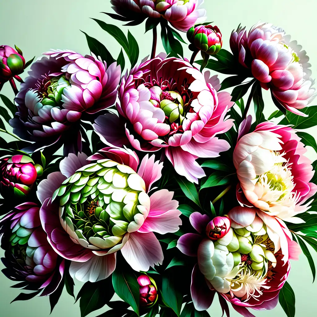 Realistic Pink Peony Flower Bouquets on White and Green Background