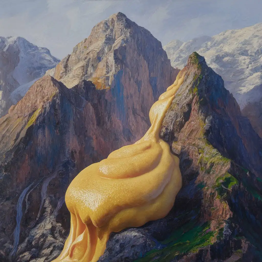 Surreal Oil Painting Majestic Mountains and Custard Landscape