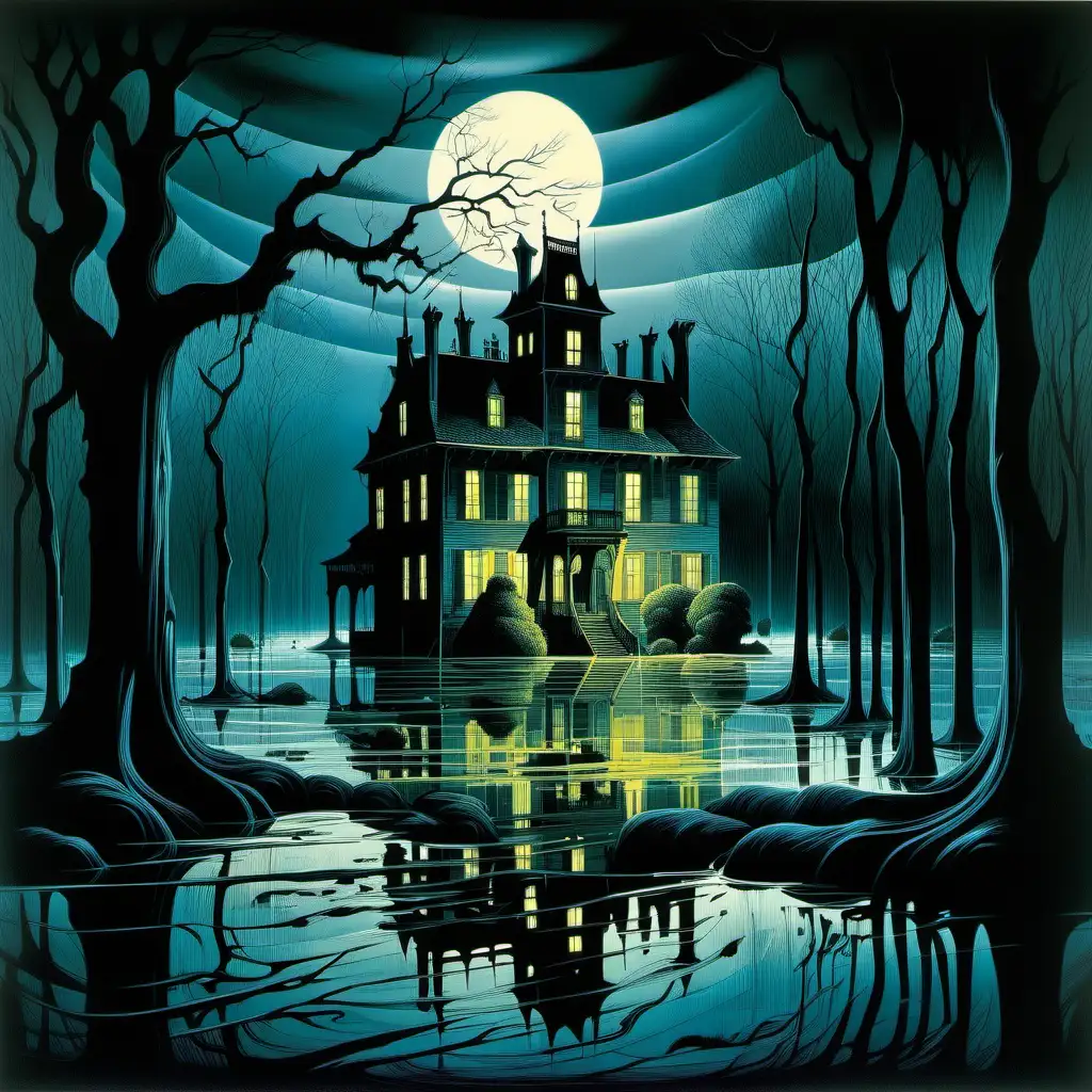 Old manor house surrounded by flood water spooky at night painted by Eyvind Earle