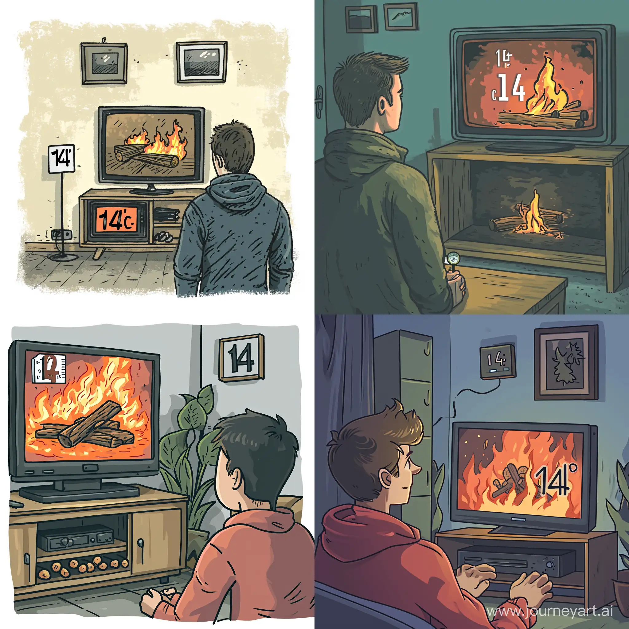 Cozy-Cartoon-Winter-Scene-Student-Warms-Hands-by-Virtual-Fireplace