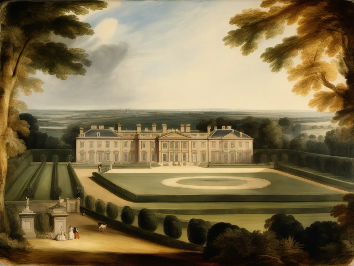 view of an 18th century estate with extensive grounds and gardens painted by turner