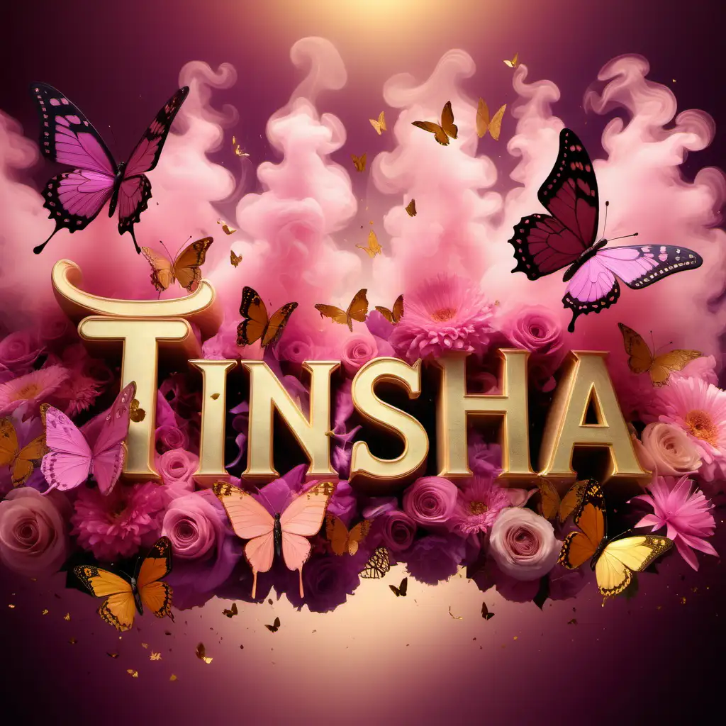 the name "Tinisha" in vibrant gold letters surrounded by pink and gold smoke, flowers and butterflies