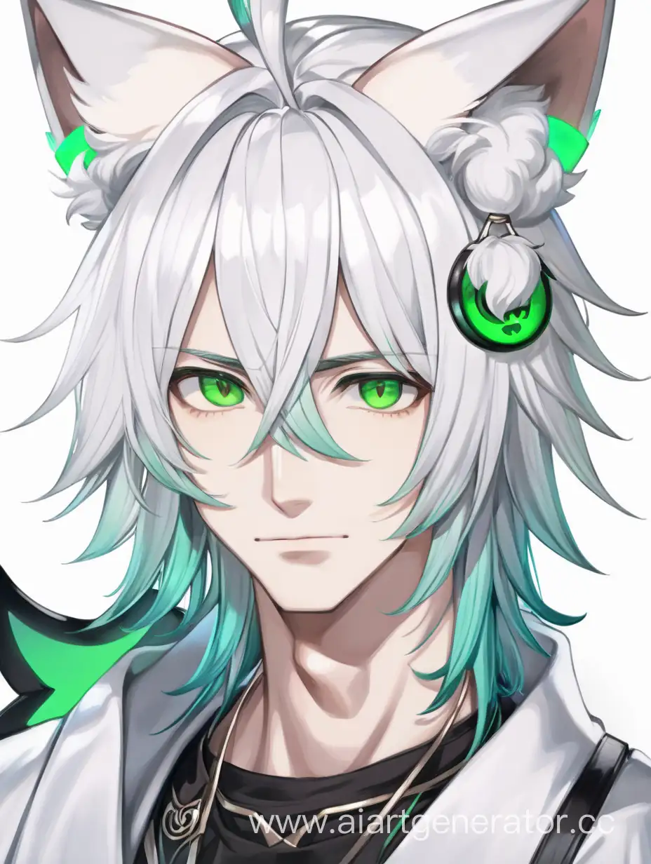 парень с белыми волосами, зелеными глазами и кошачьими ушками