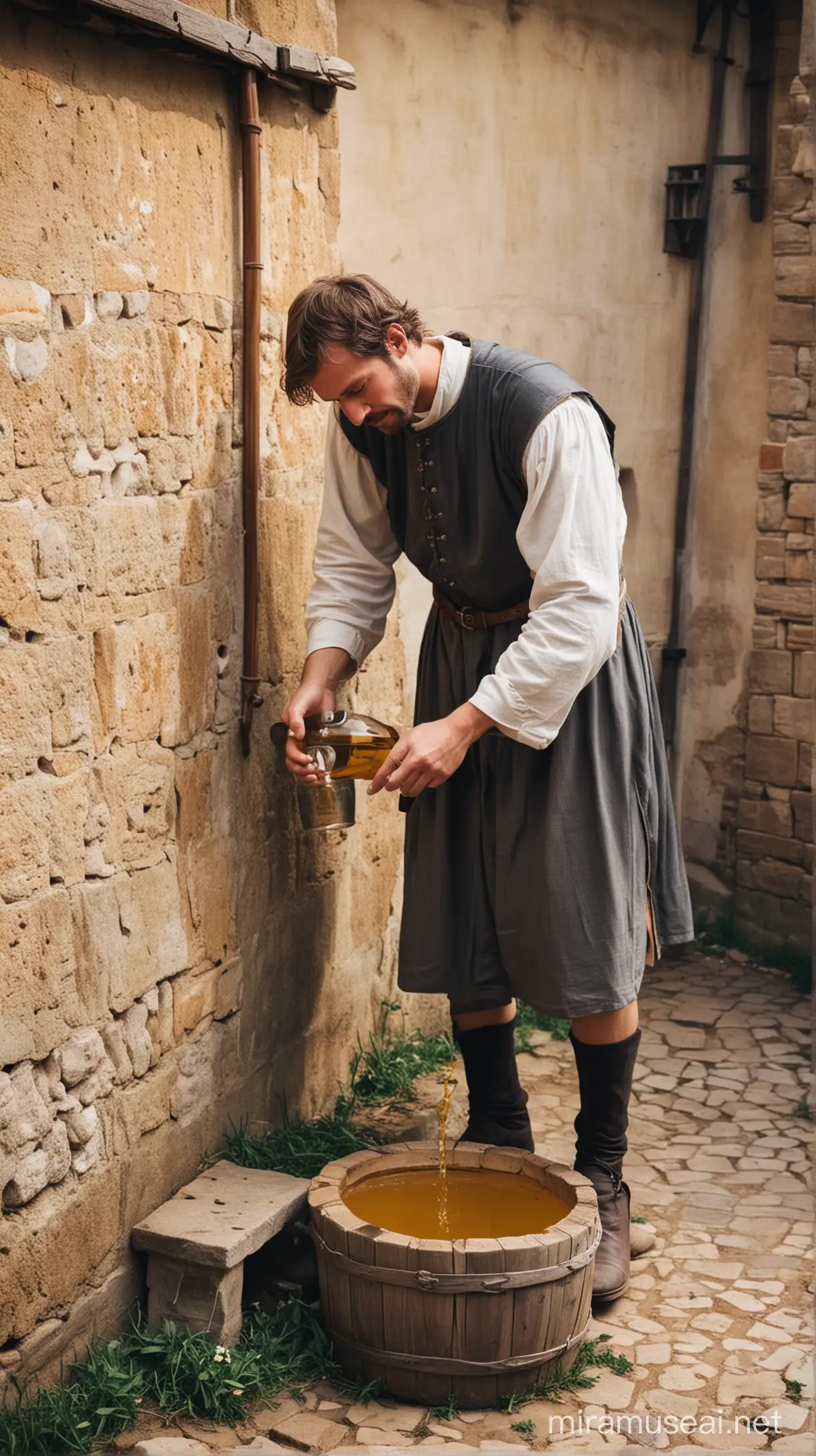 Man doing urine in medieval era 