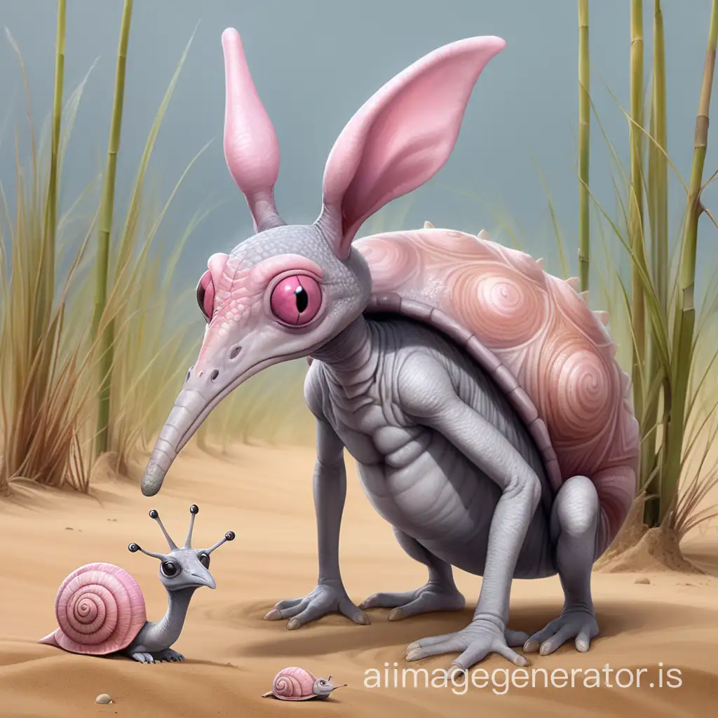 A grey creature with big ears, pink hair, scaly hide, a snout is a compromise between a beak and a prehensile nose, three pairs of legs. His skin is grey and hangs in folds under eyes. The ground under him is a mixture of sand, ooze, dry reed stems and snail shells.