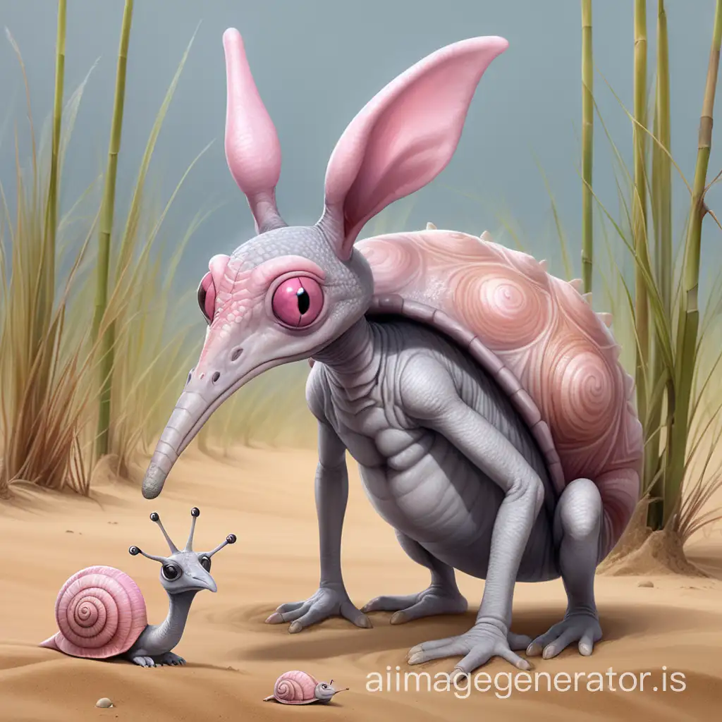 A grey creature with  big ears, pink hair, scaly hide, a snout is a compromise between a beak and a prehensile nose, three pairs of legs. His skin is grey and hangs in folds under eyes. The ground under him is a mixture of sand, ooze, dry reed stems and snail shells.